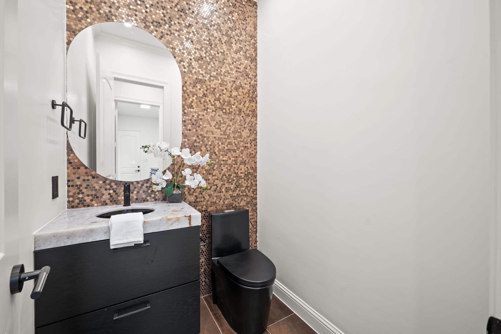 Powder bathroom with copper penny tile feature wall, Trophy Club