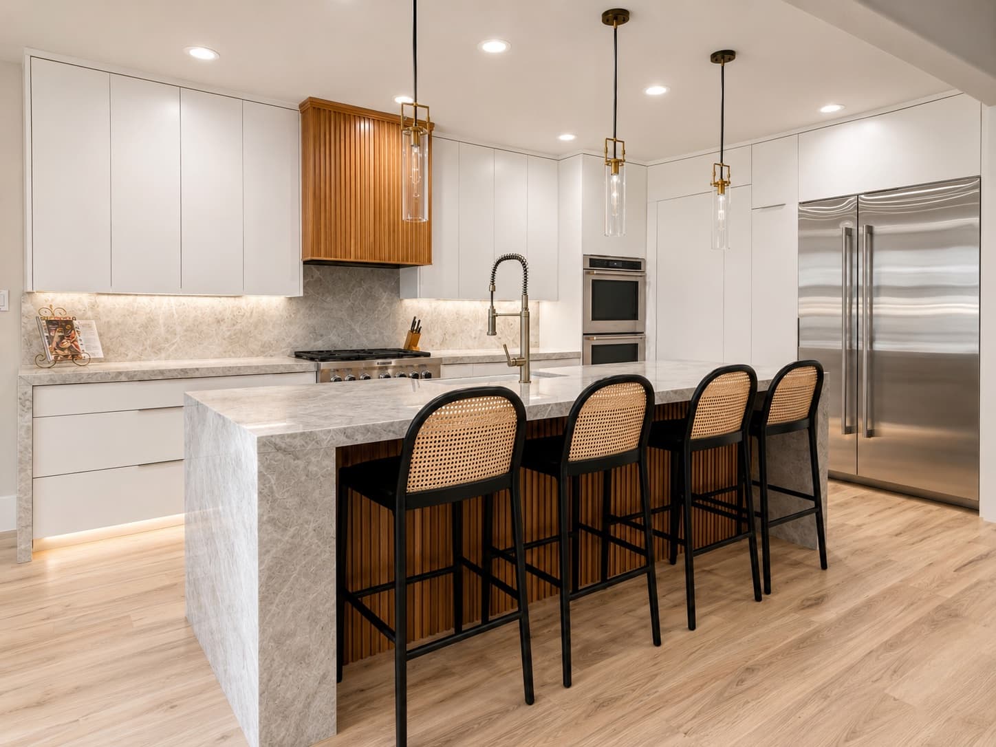 After: modern kitchen with quartzite waterfall island, Southlake